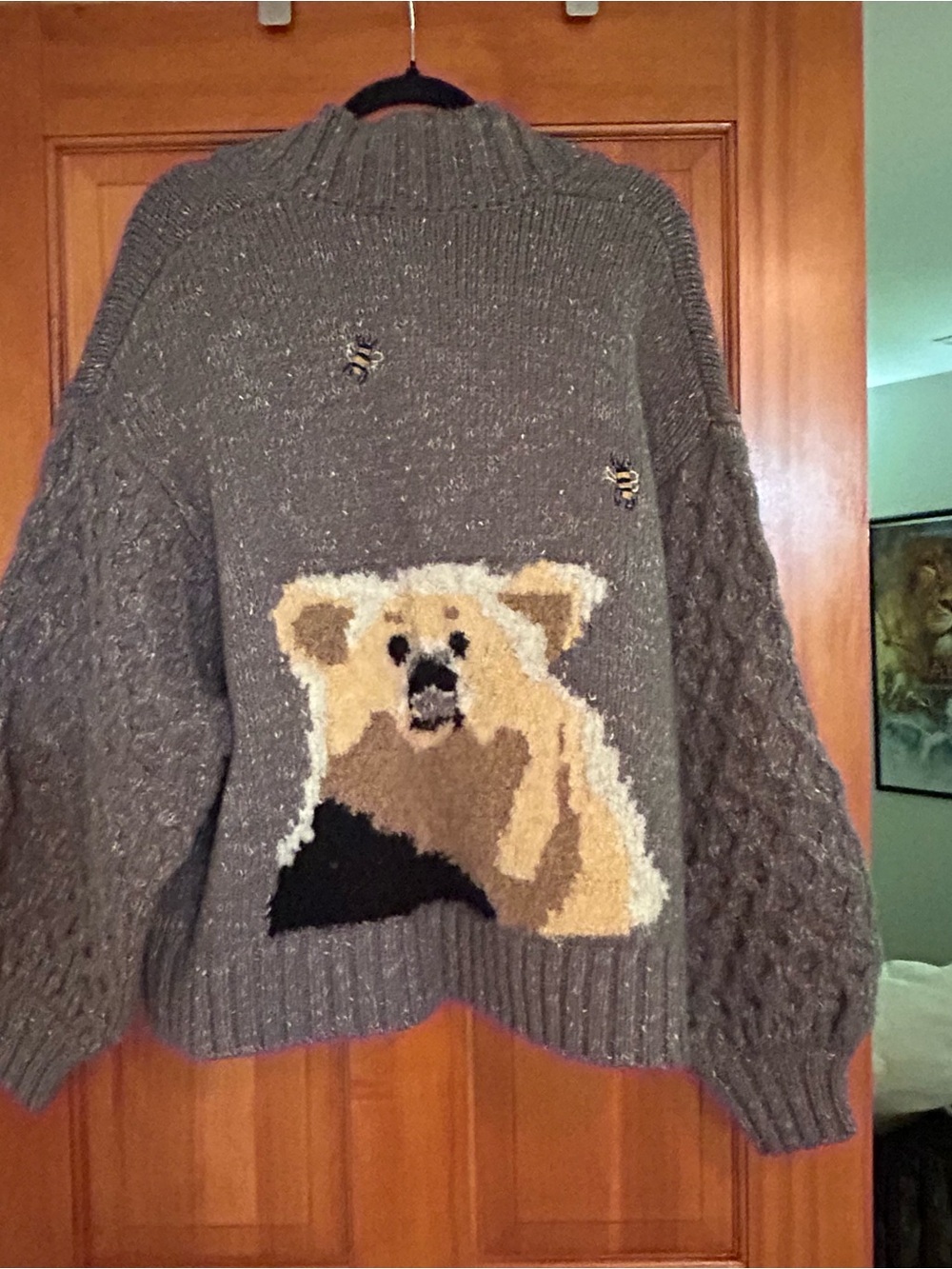 Pilcro Heather Gray Open-Front Chunky Cardigan Bear and Honey Bees. Rare!